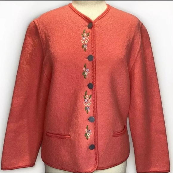 GIESSWEIN 100% Boiled Wool Embroidered Orange Apricot Jacket Pewter Buttons .10 - Picture 1 of 14